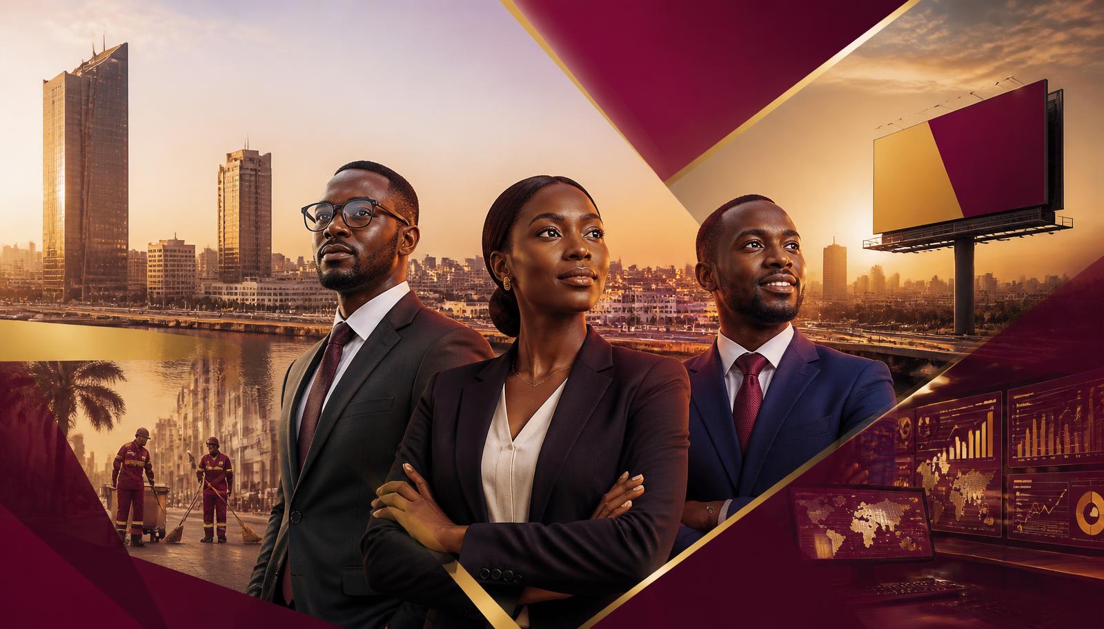 Équipe dirigeante EMID Services devant la skyline de Dakar, avec les trois pôles du groupe : digital, propreté professionnelle et affichage urbain