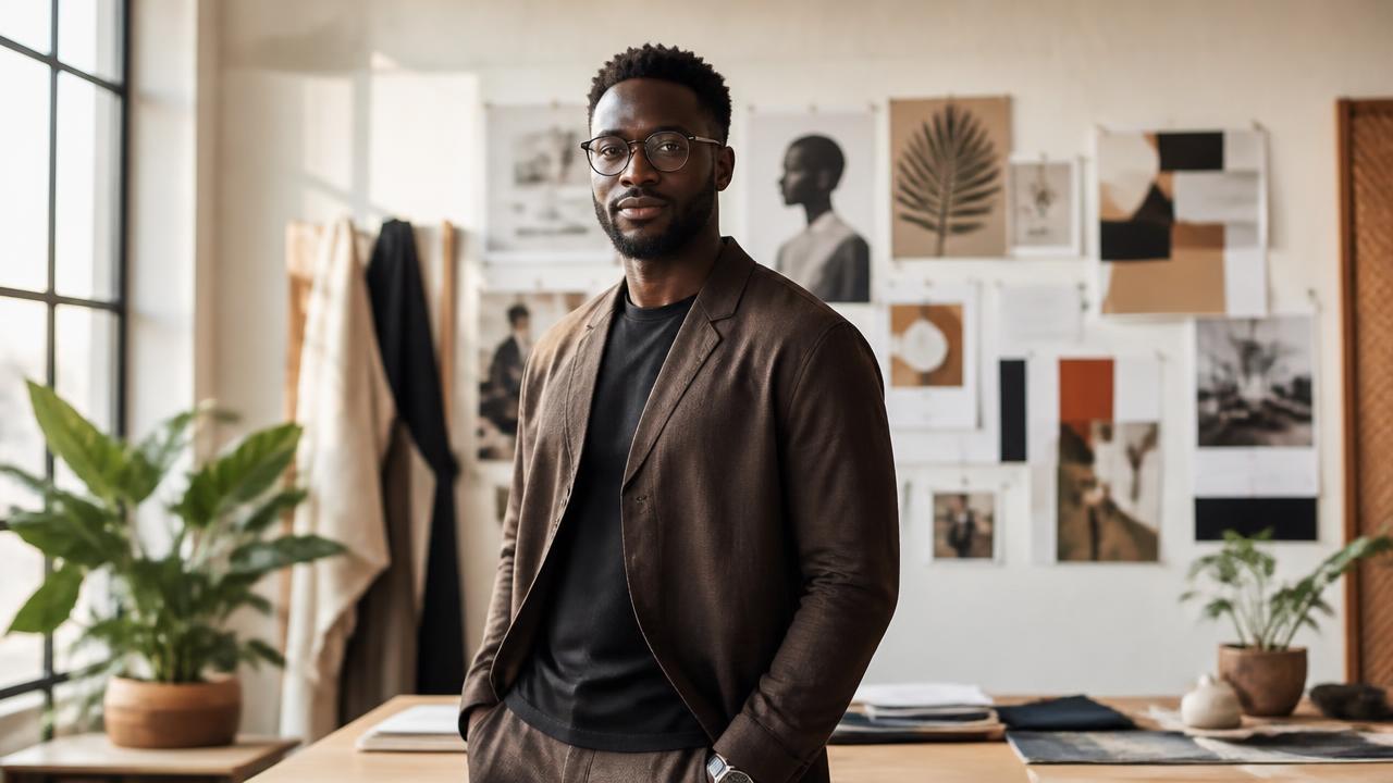 Dirigeant sénégalais dans un studio à Dakar, devant un moodboard de marque.