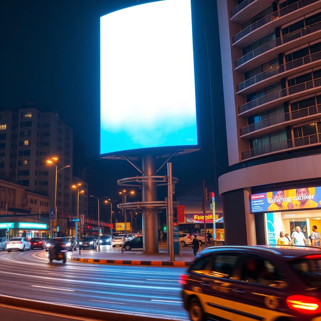 Écran LED publicitaire vertical éclairé sur un rond-point urbain la nuit