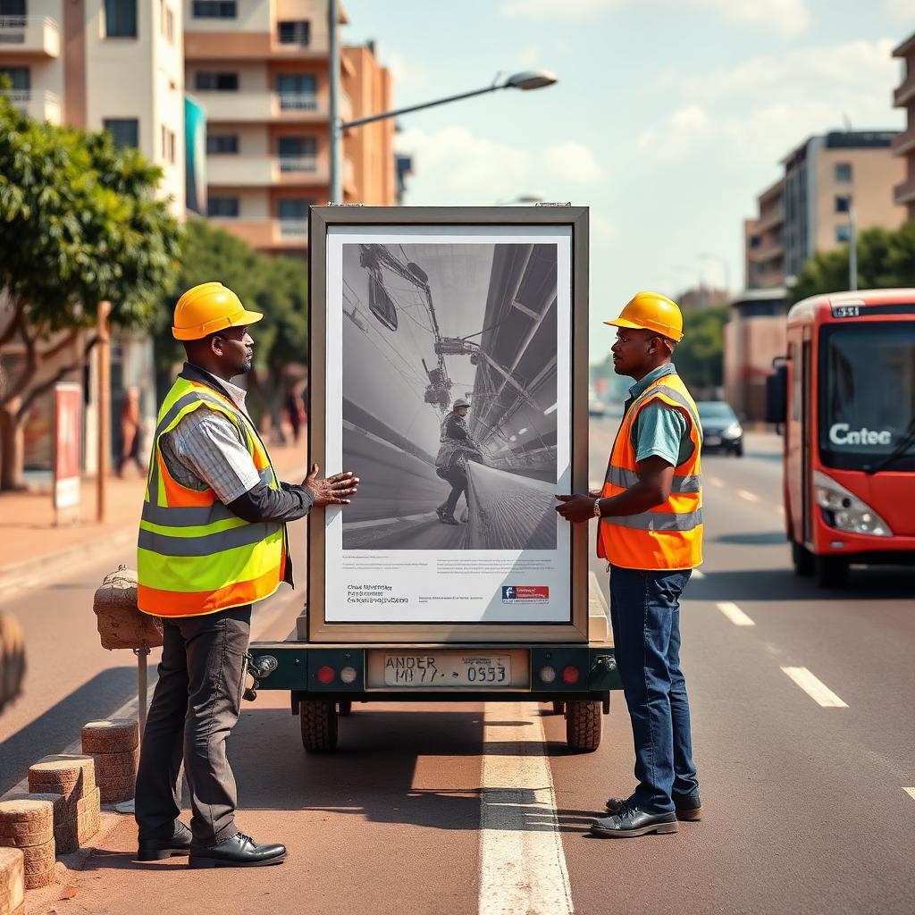 Équipe EMID en intervention pour la pose d'une affiche grand format